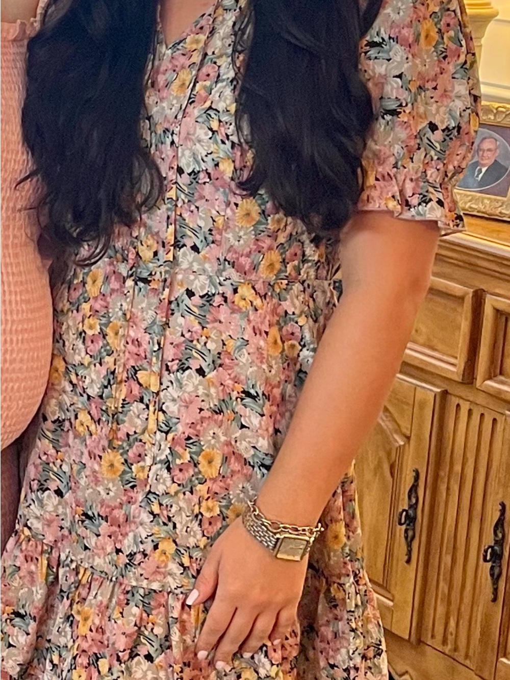 Floral Ruffle V-Neck Short Sleeve Dress - Pink Floral